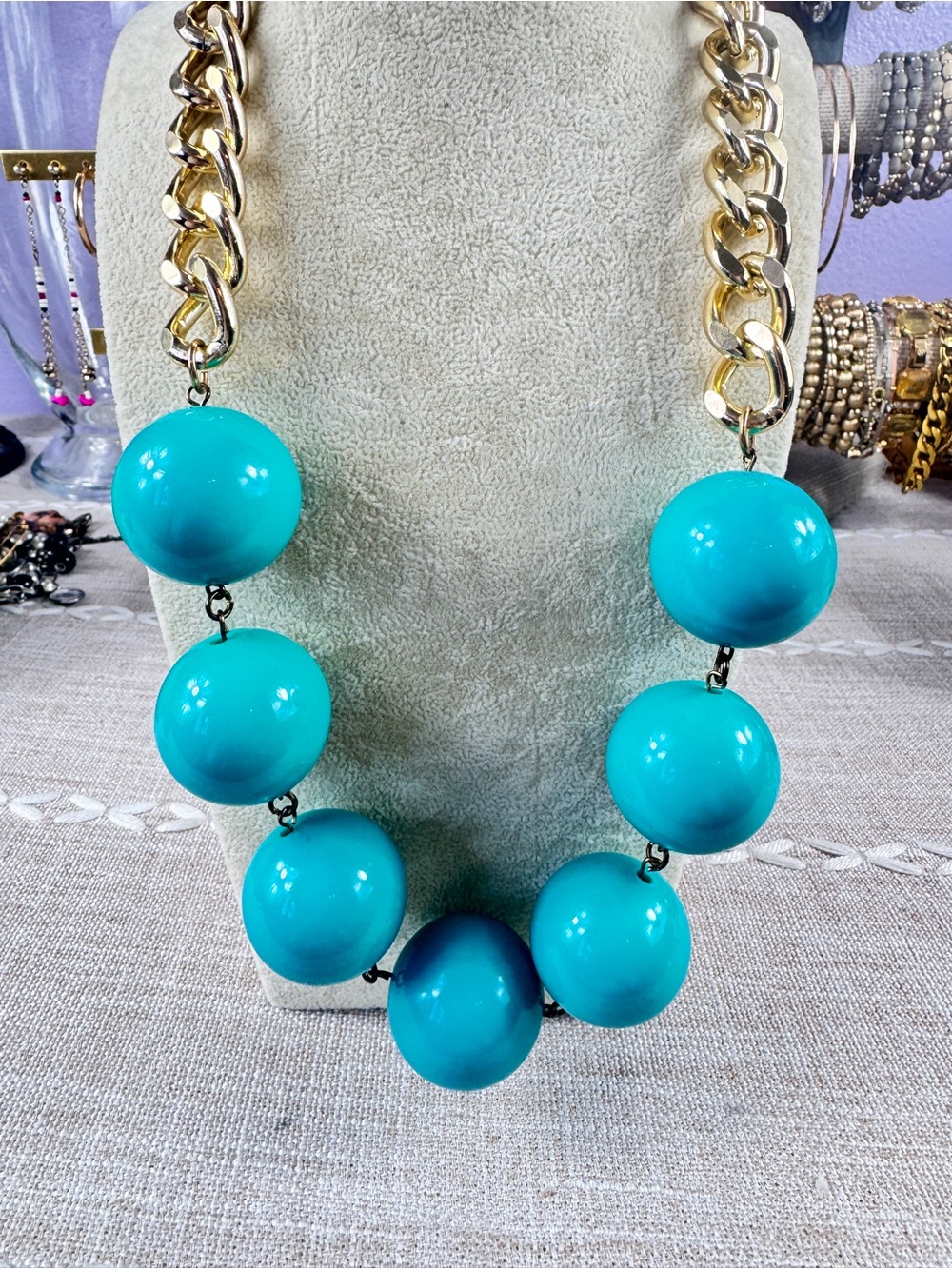 Bold Turquoise Bead Necklace on Gold Chain
